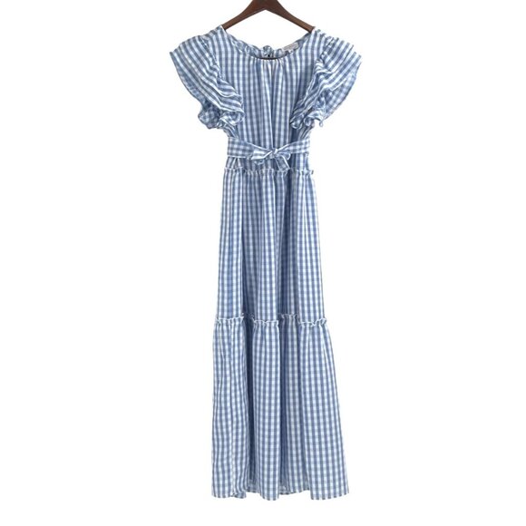 Mud Pie Dresses & Skirts - NWT Mud Pie Womens Medium Gingham Ruffle Sleeve Tiered Maxi Dress Blue Cottage